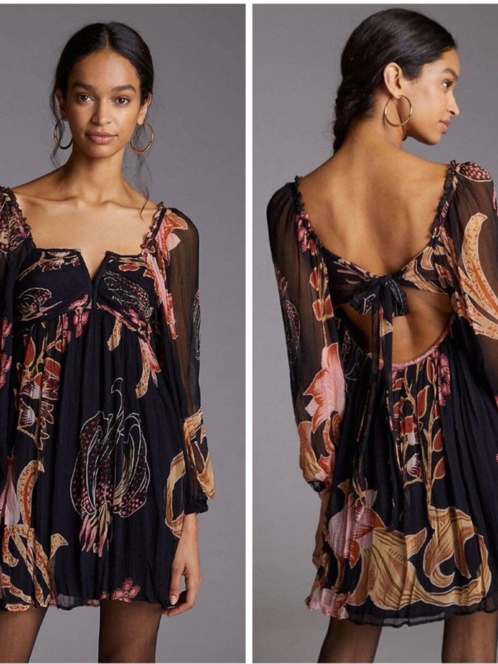 Floral Black Tie-Back Mini Dress by Anthropologie NWT!